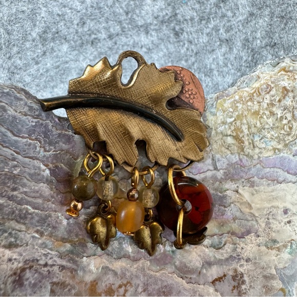 Jewelry - Red and Gold Nature-Inspired Brooch with Leaf Design